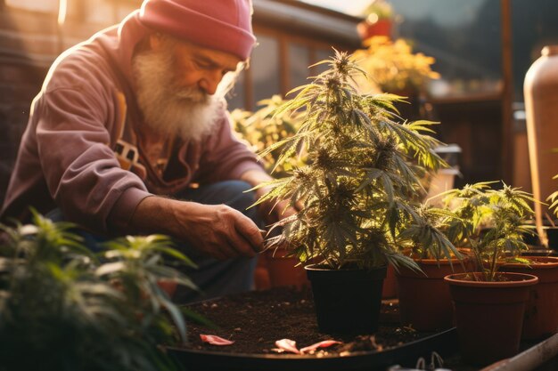 Photo planting a canabis in a large pot on the patio in the style of raw authenticity generative ai
