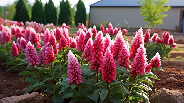 家の周りにケイトウの花畑を植える