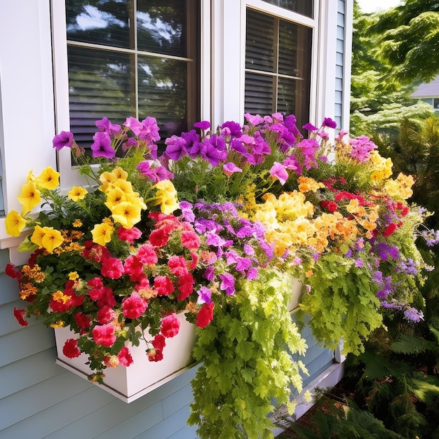 ウィンドウボックスに色とりどりの花を植える