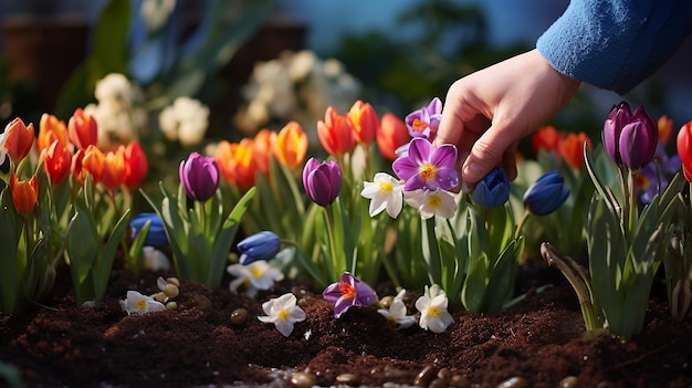 planting flowers in a garden