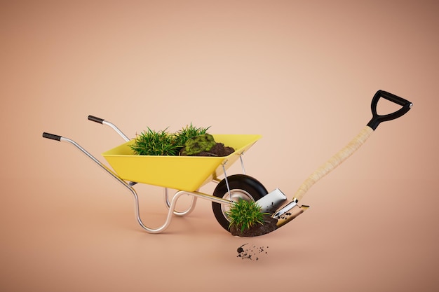 Planting grass in the garden a wheelbarrow with earth and grass and a shovel on a pastel background 3D render