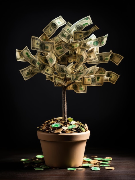 planting leaf cash money tree with gold coins as an business investment illustration