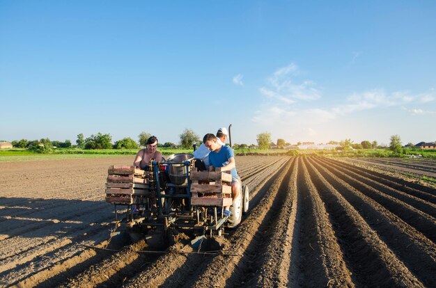 Foto operatori di macchine per piantare piantano patate automatizzazione del processo di piantagione dei semi di patate elevata efficienza e velocità nuove soluzioni tecnologiche per semplificare il lavoro agroindustria e agribusiness