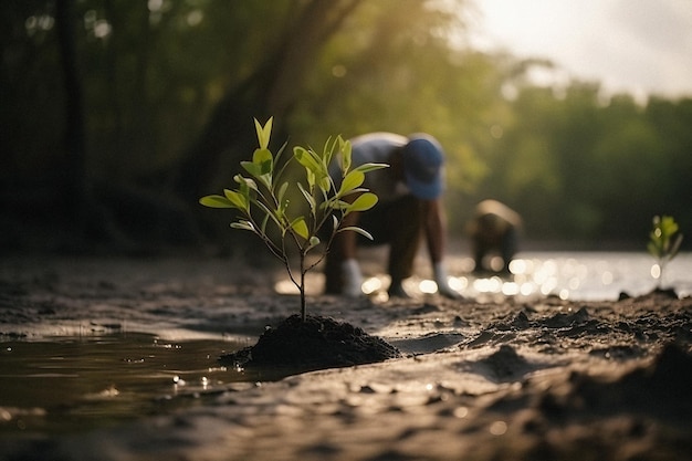 Photo planting mangroves for environment conservation and habitat restoration on earth day