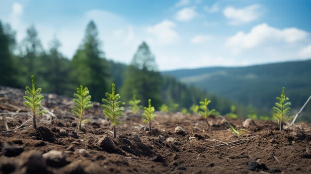 Planting new trees planting new trees in an open area of a mountain conifer trees