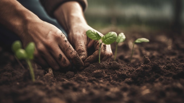 Planting a row of young seedlings