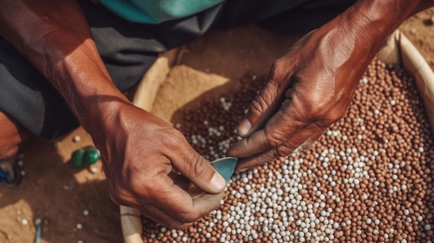 Photo planting seeds of pea in soil