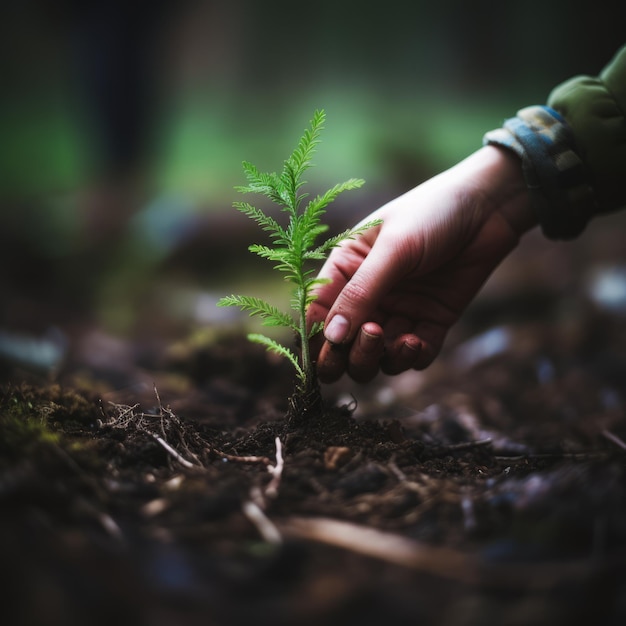 Planting a small pine tree in soil