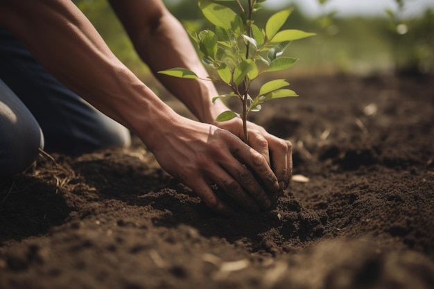 Photo planting tree in soil work in garden generative ai