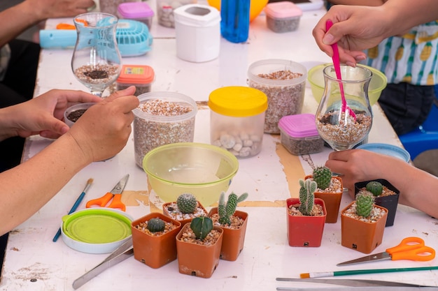 Planting trees, arranging a terrarium for home decoration. Horticulture and gardening on summer holiday with family and friend. World Environment Day concept