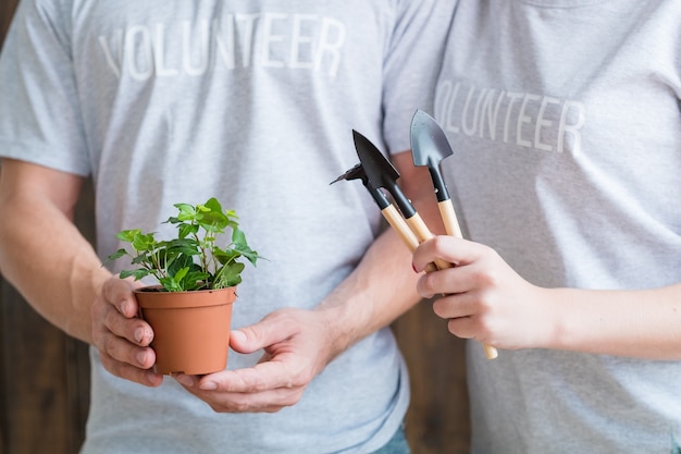 Planting volunteers. Nature care and protection. Couple with houseplant and garden tools.