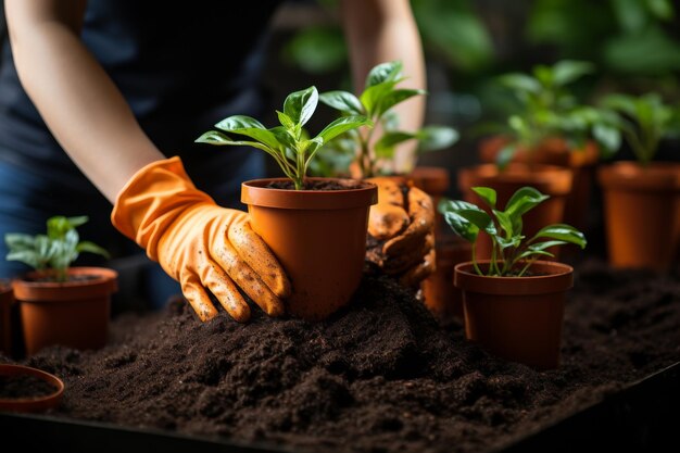 Planting young green plants in terracotta pots