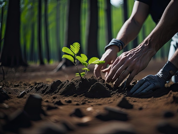 Planting young trees in new forest closeup ai generative