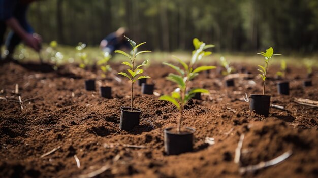 Planting young trees in new forest Ecology activity concept High quality image Copy space for text