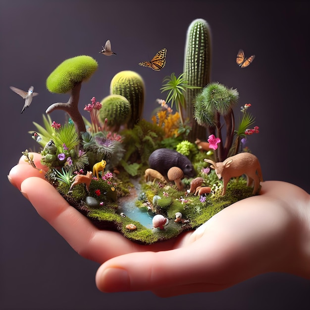 Plants and animals on the palm of hand