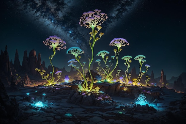 The plants are glowing in the night sky