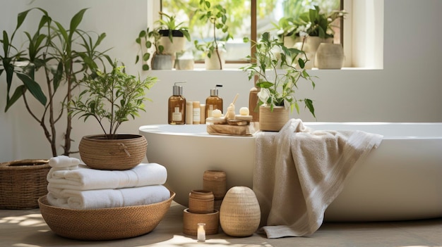 Photo plants in a bathroom with a tub full of flowers