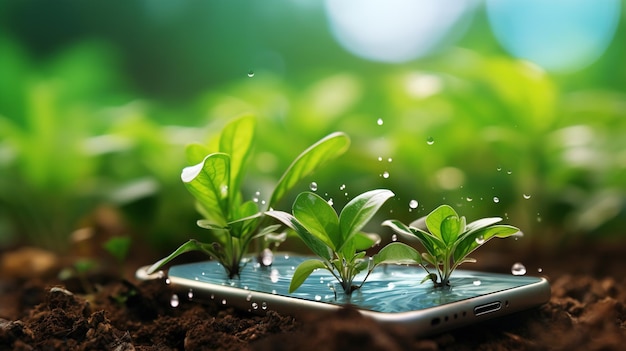 Plants emerging from the smartphone screen Ecology concept Digital smart farming concept