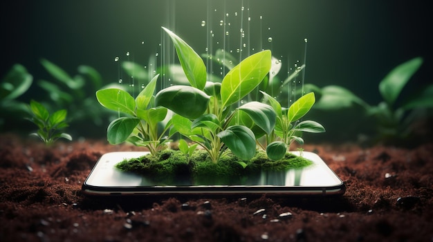 Foto piante che emergono dallo schermo dello smartphone concetto di ecologia concetto di agricoltura intelligente digitale