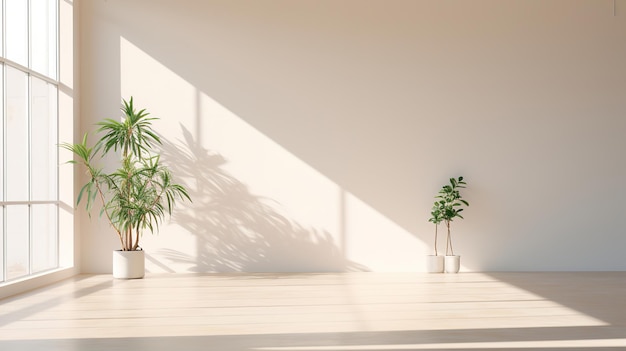 plants on a floor with a white wall and shadows