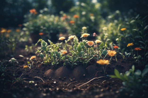 地面に植えるための花を植える ai 生成