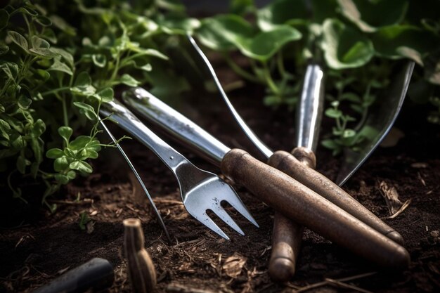 Plants gardening tools close up