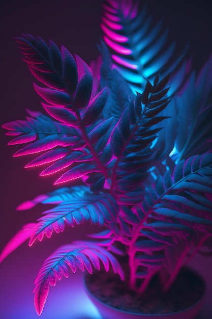 Photo plants in glowing lights ai generative