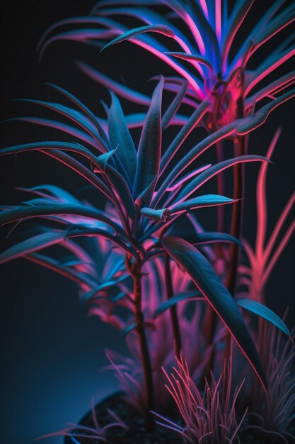 Photo plants in glowing lights ai generative