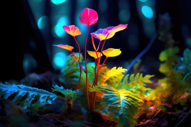 밤에 네온 불빛으로 빛나는 식물들