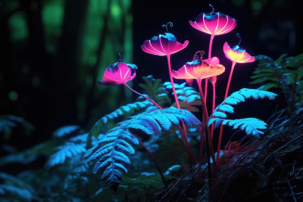 Растения, светящиеся в неоновом свете ночью, созданные искусственным интеллектом.