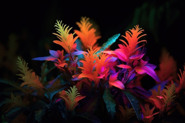 Plants glowing in neon light at night