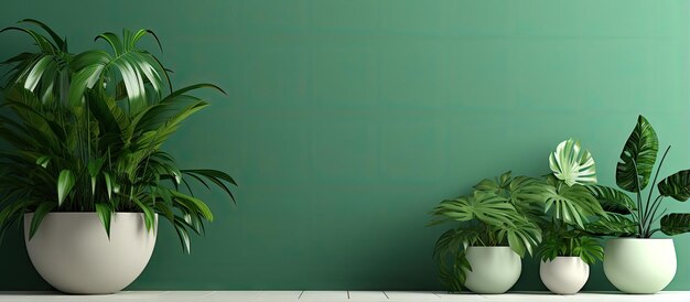 of plants on a green wall with wooden floor