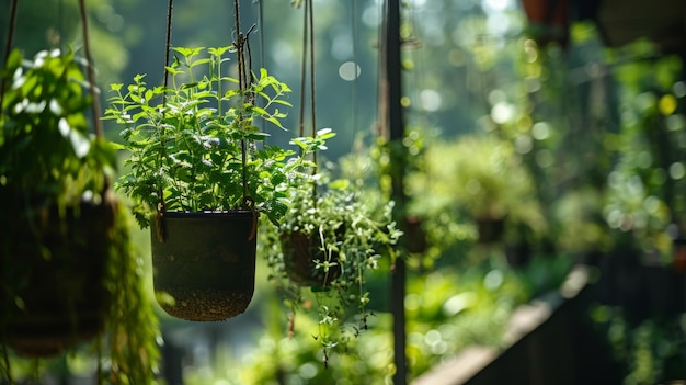 温室の植物 夏の庭で金属の棒に吊るされた鉢の植物