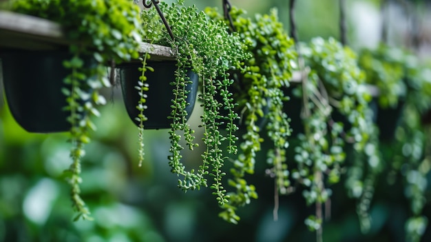 Photo plants in the greenhouse potted plants hung on a metal rod in summer garden