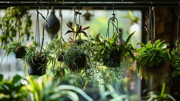 温室の植物 夏の庭で金属の棒に吊るされた鉢の植物