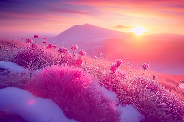 plants on the ground frozen purple and red berries more vivid colours sunset AI generative