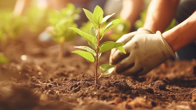 Plants in ground that are planted by hands