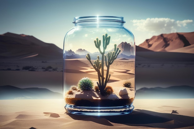 Plants growing in glass jar with desert background Global warming and water scarcity concept