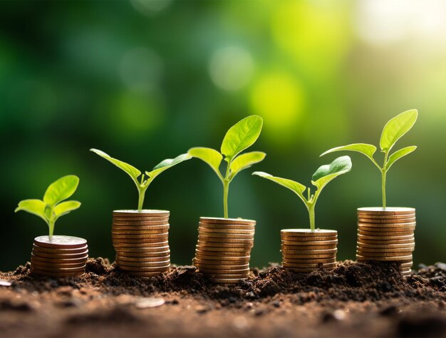 Plants growing on golden coins investment