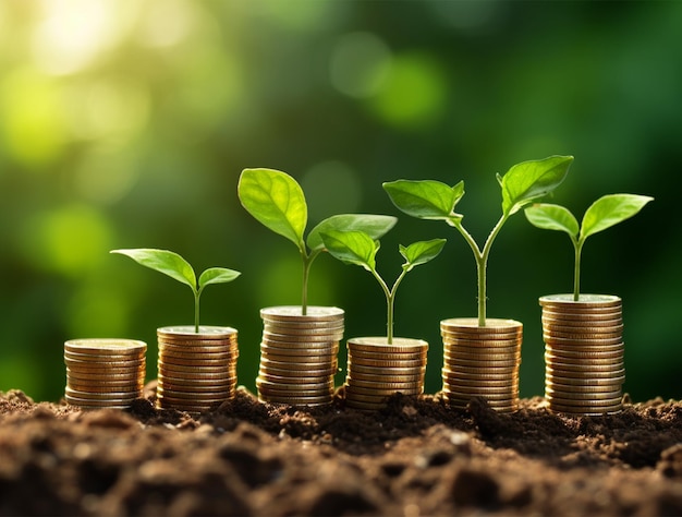 Plants growing on golden coins investment