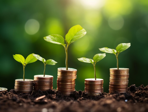 Plants growing on golden coins investment