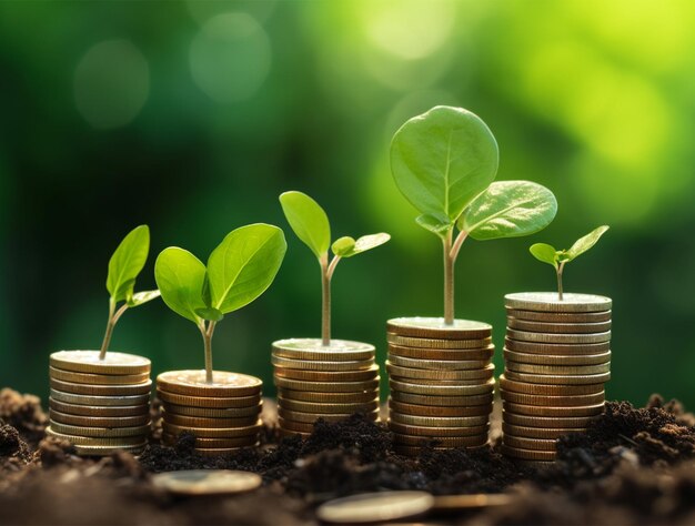 Plants growing on golden coins investment