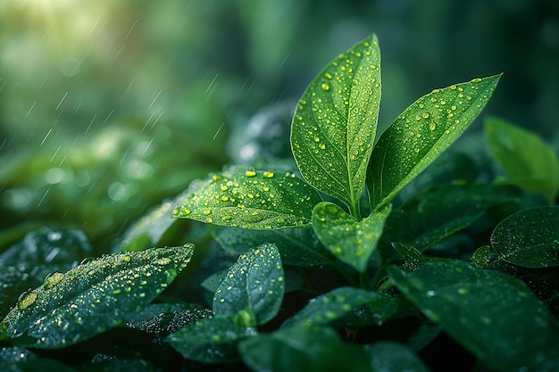 雨の時の熱帯雨林で育つ植物