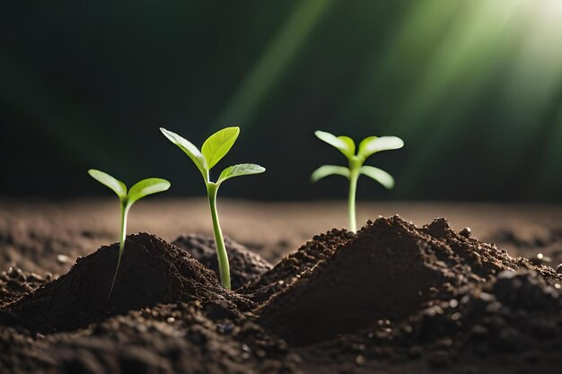 太陽が背後にある土で育つ植物