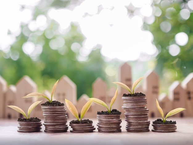 Plants growing up on stack of coins The concept of saving money for house Property investment House mortgage Real estste