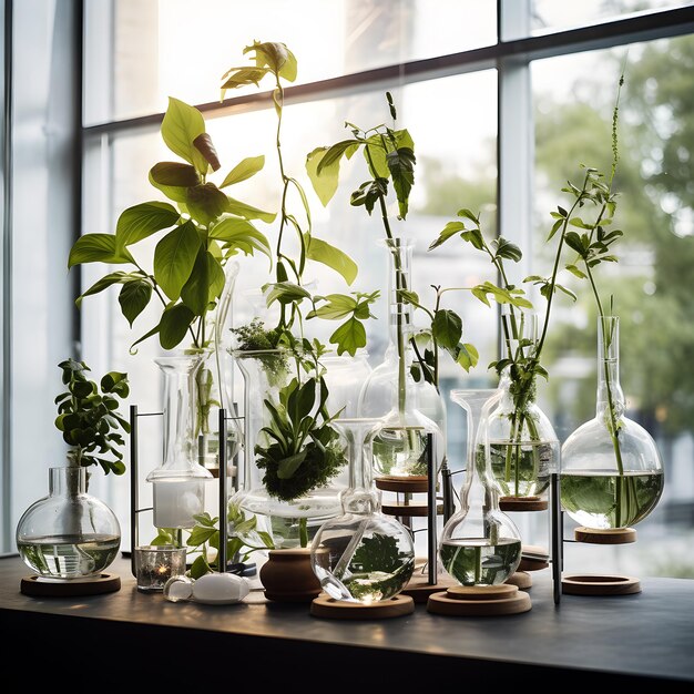 Plants in laboratory glassware science concepts illustration generate AI