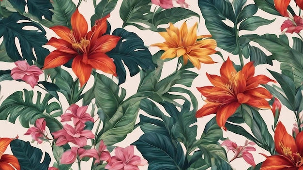 식물 잎과 꽃 환상적인 원활한 패턴