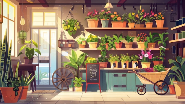 Plants in pot and vase standing on wooden racks and shelves wheelbarrow and floor Cartoon illustration of florist store inside with window cashier and garland