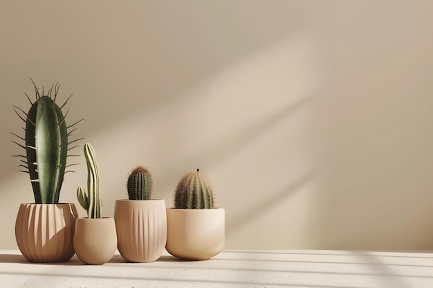 Plants in pots on table against grunge wall space for text