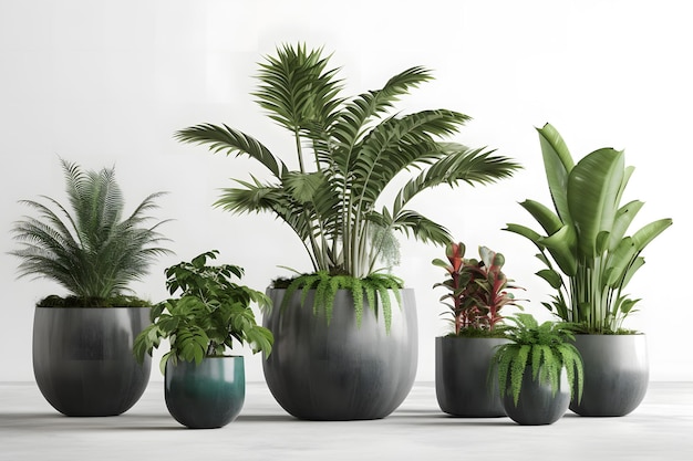 Plants in pots on white wall background